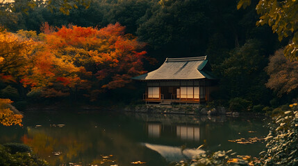 Fototapeta premium Tranquil Japanese Garden House with Autumn Pond Reflection
