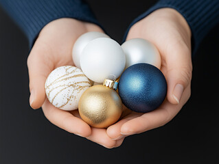 Closeup anonymous person demonstrating handful of decorated Christmas balls against black background