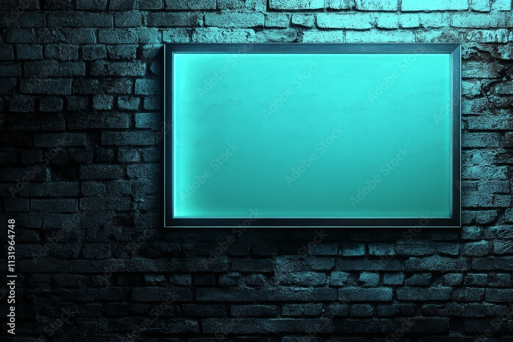 Poster glowing teal rectangular frame on a dark brick wall.