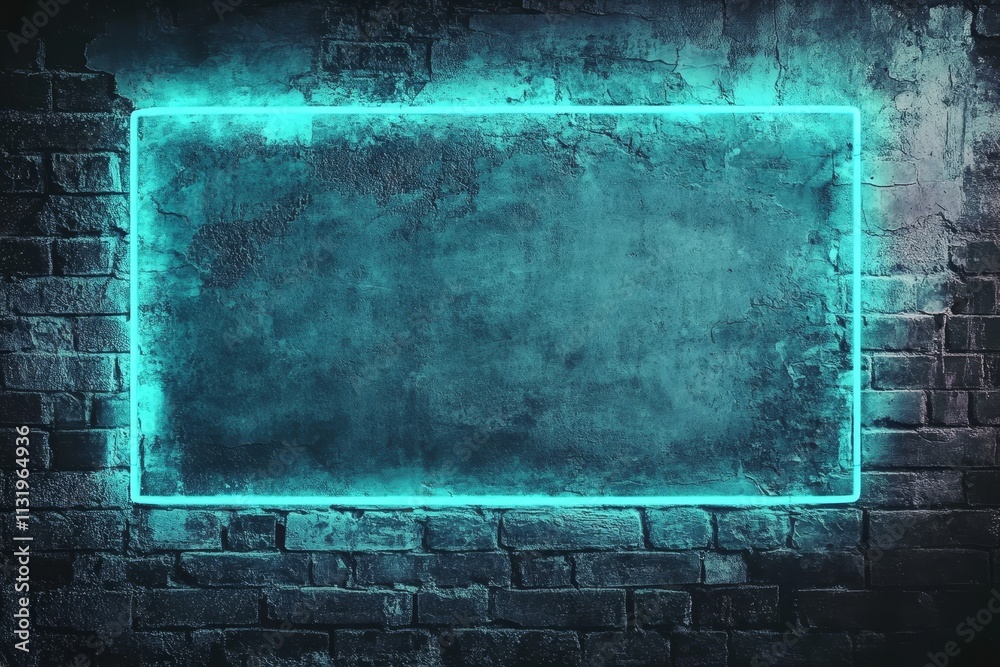 Poster grungy brick wall with a teal neon rectangular frame.