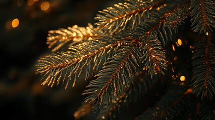 Golden light reflecting off Christmas tree branches during festive celebrations