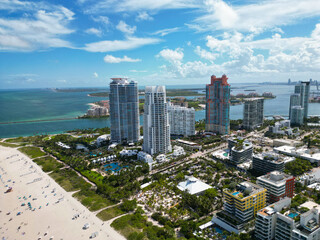 Aerial on Miami skyscraper. Aerial Miami south beach. Cityscape landscape in South Beach. Florida...