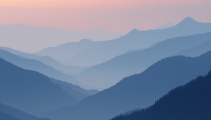 Obraz premium A breathtaking view of layered mountains shrouded in soft blue hues, illuminated by the gentle light of dawn. The tranquil atmosphere evokes a sense of peace and wonder, inviting viewers to immerse