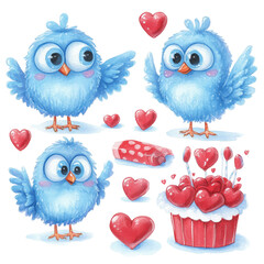 Obraz premium Cute blue birds celebrating valentine’s day with hearts and cupcake transparent background love concept art