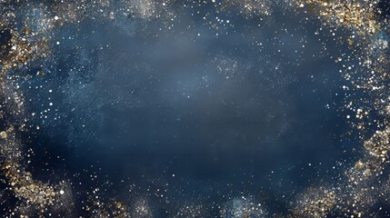 Obraz premium A navy festive backdrop with a mix of tiny and large snowflakes, complemented by golden sequins, and a blank middle area realistic