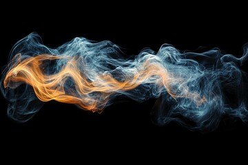 Obraz premium Abstract swirling smoke, orange and blue hues on black background.
