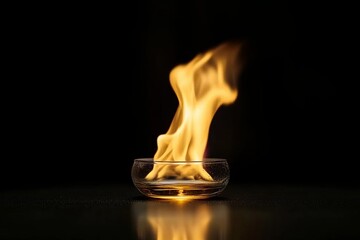 Burning flame in a glass bowl on a dark background.