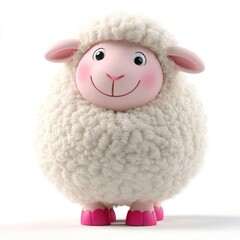 Cute cartoon sheep with pink hooves and a fluffy white coat, smiling.