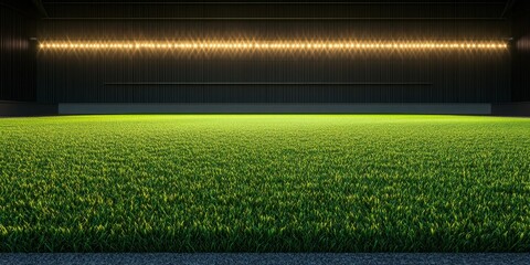 Indoor artificial turf field with lights.