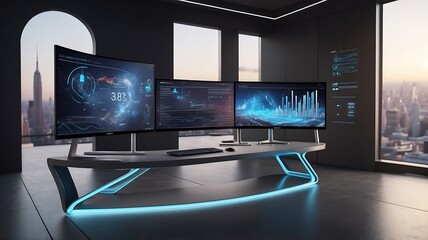 Naklejka premium Futuristic Office Setup with Triple Monitor Display