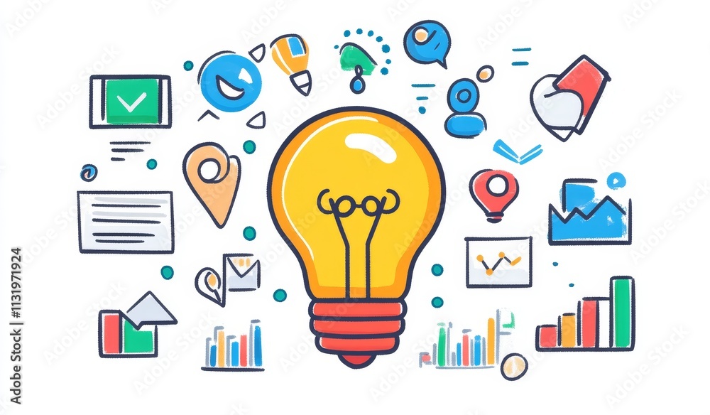 Poster bright lightbulb idea with surrounding data analytics, marketing, and location icons.