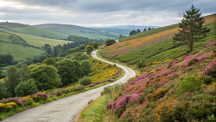 Fototapeta premium Scenic route winding through vibrant heather in full bloom, traversing rolling hills and valleys of the irish countryside under a cloudy sky, creating a picturesque landscape
