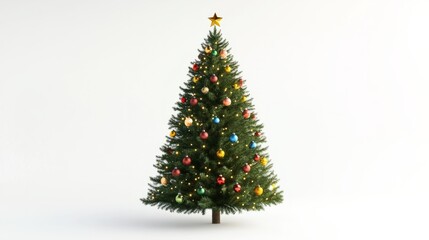 Fototapeta premium A realistic Christmas tree adorned with colorful lights and baubles, rendered in 3D and isolated on a clean white background