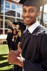 Graduation, thumbs up and group with diploma, man and smile for milestone, scholarship and...