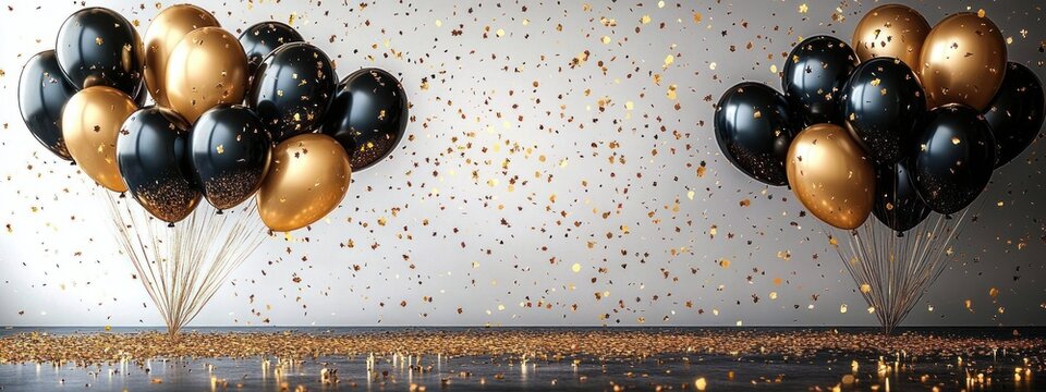 Elegant Birthday Party Celebration Design with Gold Balloons Confetti Black White Template