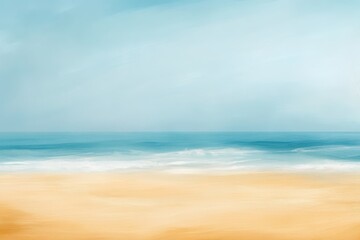 Obraz premium Serene beach landscape with blurred ocean and sandy shore under a pale sky.