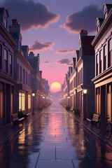 Fototapeta premium Peaceful reflections dance on the wet street, mirroring the soft glow of the evening sky. A perfect moment to pause and breathe.