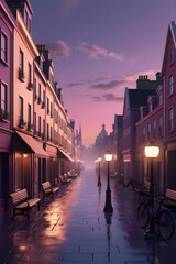Fototapeta premium Peaceful reflections dance on the wet street, mirroring the soft glow of the evening sky. A perfect moment to pause and breathe.