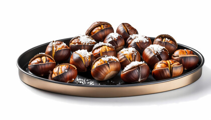 Obraz premium Roasted Chestnuts with Sea Salt on Black Tray Autumn Food Photography