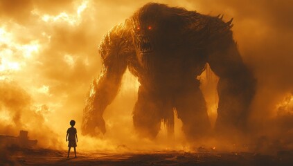 Fototapeta premium David vs Goliath Story Young Shepherd Boy Defeating Giant Warrior with Slingshot and Stone