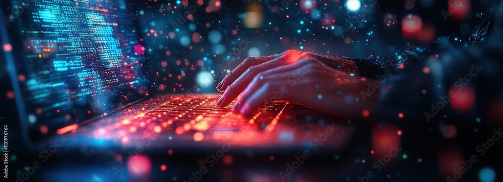 Aufkleber Futuristic Digital Workspace Programmer Typing on Laptop with Binary Code in Cyberpunk Style Neon Lights
