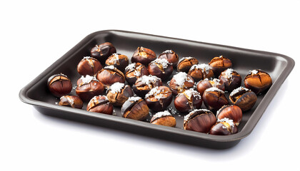 Obraz premium Roasted Chestnuts with Salt on Baking Tray Autumnal Food Photography