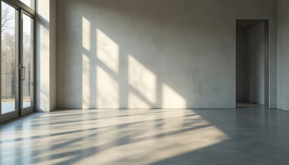 Fototapeta premium A spacious, minimalist room features large windows casting gentle shadows on the smooth concrete floor, creating a serene atmosphere. The interplay of light and shadow enhances the tranquil vibe