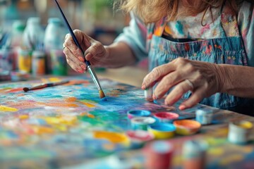 Naklejka premium Creative expression artist painting on a plastic bottle canvas in a vibrant studio environment showcasing imagination and environmental awareness