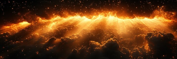 Golden Light Rays and Burst on Black Background with Vibrant Solar Explosion and Dynamic Digital Flare