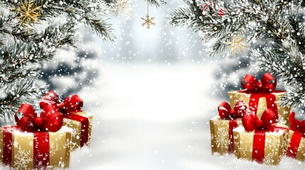 A snowy background with frosty tree branches, golden gift boxes with red bows, and a clear white central space realistic