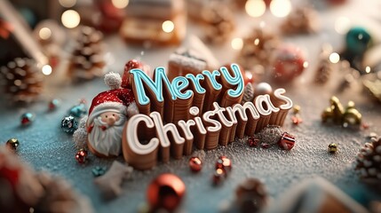 "Merry Christmas" text in bold typography surrounded by ornaments,  pine branches, and festive decorations in red, white, and gold tones.