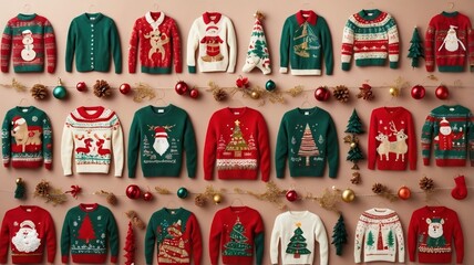 Flat lay illustration of colorful National Ugly Christmas Sweater Day decorations