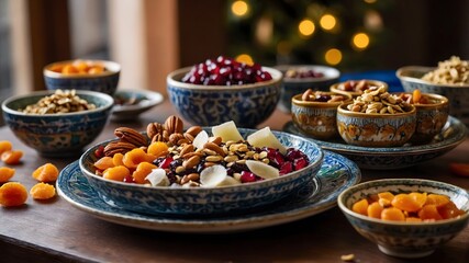 "Celebratory Table with Individual Portions of Umm Ali, Garnished with Nuts and Raisins"
