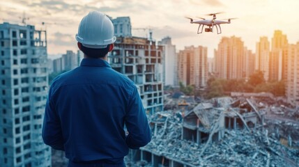 Construction site drone surveying urban development photography golden hour foreground perspective innovative technology insights