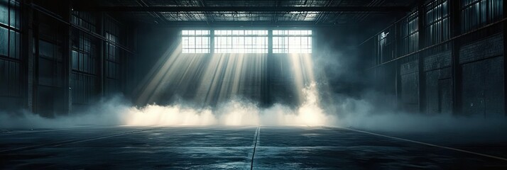 abandoned industrial warehouse with dark misty atmosphere and dramatic light shafts