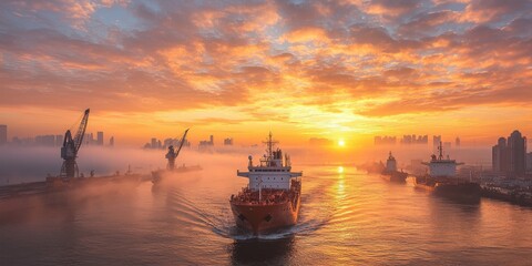 Fototapeta premium A stunning sunrise illuminates a harbor, with ships navigating through calm waters, framed by fog and silhouettes of cranes against a colorful sky.