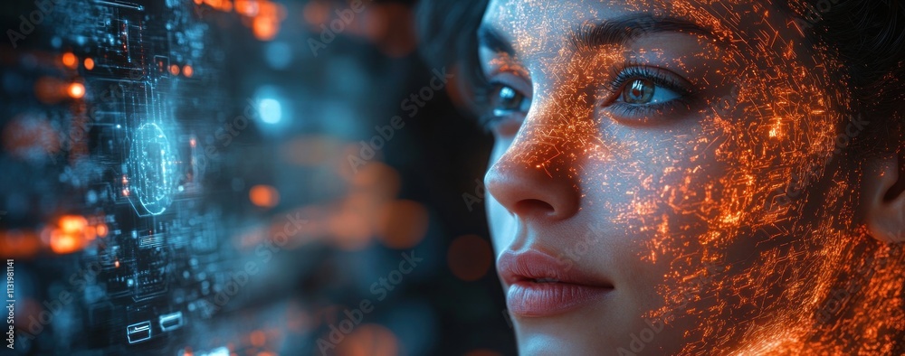 Poster futuristic businessman interacting with holographic interface in cyberpunk style with advanced techn