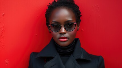 Obraz premium Stylish model in a black outfit on a red background