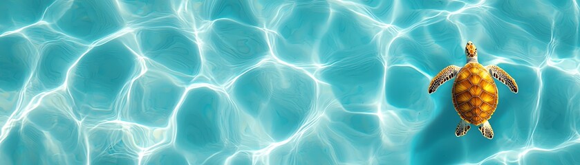 A close-up shot of a sea turtle swimming underwater, isolated on a clear blue ocean background with soft lighting capturing its patterned shell