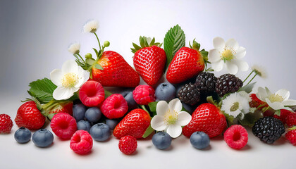Obraz premium Pile of various berries of blackberry, raspberry, blueberry on white background