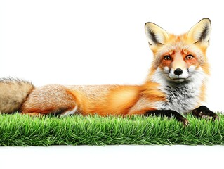 Fototapeta premium A professional studio shot of a red fox resting on a grassy surface, isolated on a clean white background with soft lighting to enhance its sharp features and vivid fur