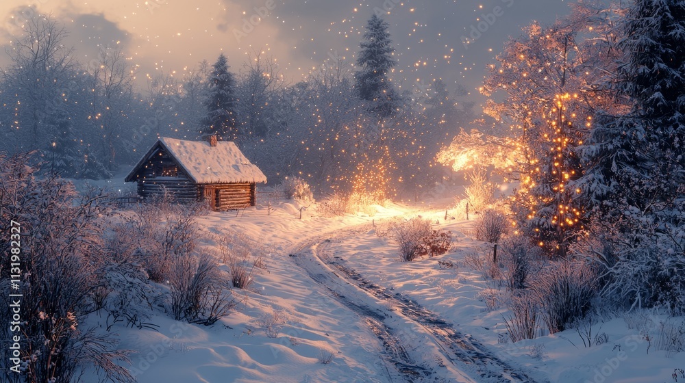 Poster soft snow blankets the ground as evening descends on a picturesque cabin surrounded by trees. warm l