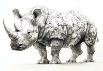 Fototapeta premium Intricate Ink Illustration of Rhinoceros with Dramatic Shadows and Detailed Line Work
