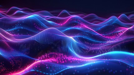 Obraz premium Abstract digital landscape of glowing neon pink and blue particles forming undulating waves.