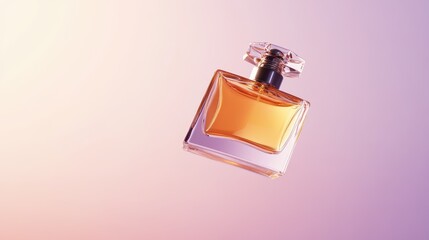 Amber perfume bottle floats on pink backdrop. Ideal for beauty, fragrance, or luxury product advertising.