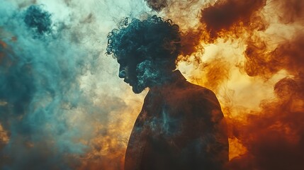 Fototapeta premium Mysterious Man in Colorful Smoke: A Moody Portrait