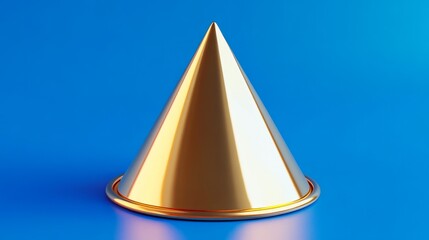 Fototapeta premium A vibrant 3D rendering of a single glossy golden cone hat with subtle trims on a polished smooth surface realistic