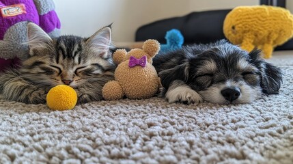 Kitten and puppy sleeping together peacefully on a carpet with stuffed toys.