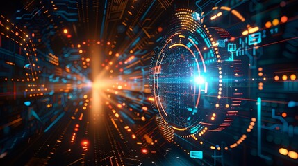 Abstract Digital Tunnel of Glowing Data Streams and Circuits