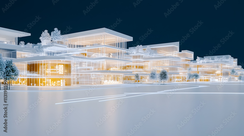 Poster urban environment showcase innovative architecture in nighttime visualization